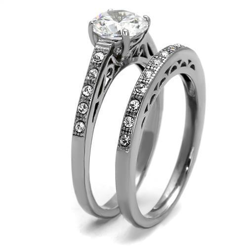 Elegant women's stainless steel ring featuring clear cubic zirconia stones, high polished finish.