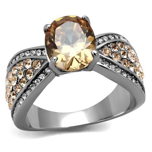 Elegant Women Stainless Steel Ring with Champagne Cubic Zirconia, high polished finish.