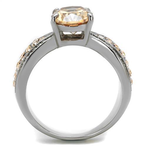 Elegant Women Stainless Steel Ring with Champagne Cubic Zirconia, high polished finish.