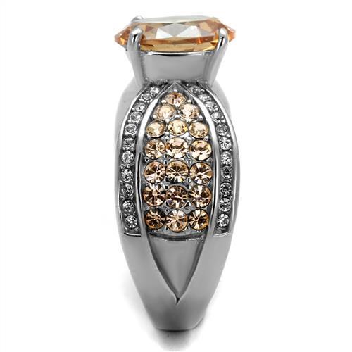 Elegant Women Stainless Steel Ring with Champagne Cubic Zirconia, high polished finish.