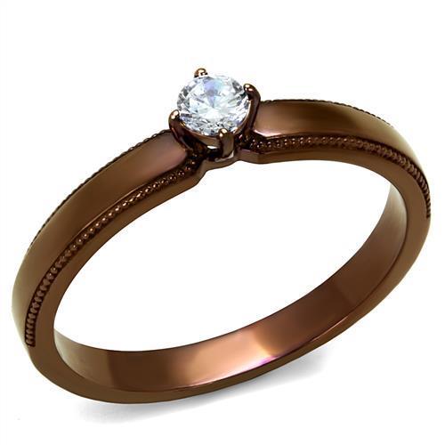 Elegant Women Stainless Steel Ring with Cubic Zirconia, featuring a round stone and IP coffee light finish.