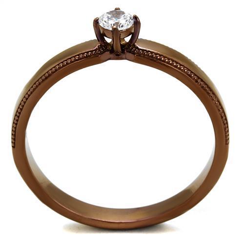 Elegant Women Stainless Steel Ring with Cubic Zirconia, featuring a round stone and IP coffee light finish.