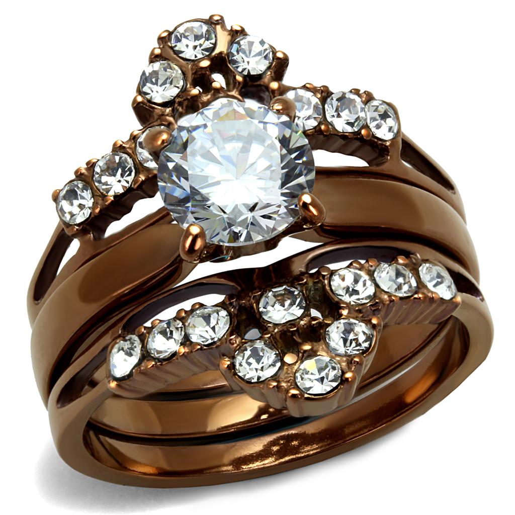 Elegant Women Stainless Steel Ring with Cubic Zirconia, featuring a round cut and IP Coffee light finish.