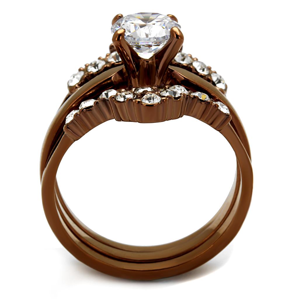 Elegant Women Stainless Steel Ring with Cubic Zirconia, featuring a round cut and IP Coffee light finish.