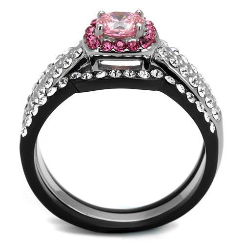 Elegant women’s stainless steel ring featuring two-tone black ion plating and light rose cubic zirconia stones, perfect for any occasion.