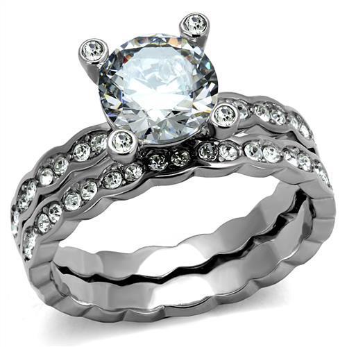 Elegant Women Stainless Steel Ring with Clear Cubic Zirconia, featuring a high-polished finish and round design.