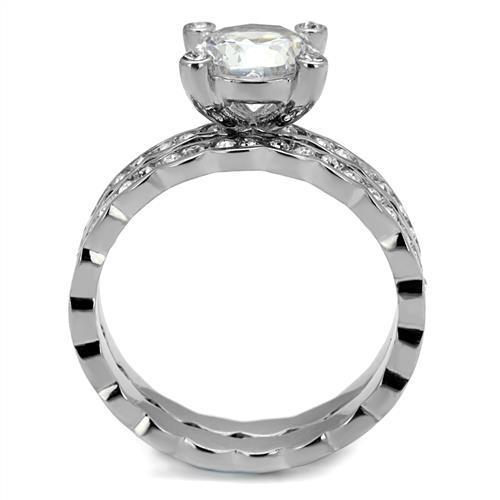 Elegant Women Stainless Steel Ring with Clear Cubic Zirconia, featuring a high-polished finish and round design.