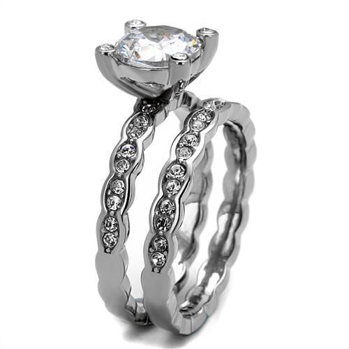 Elegant Women Stainless Steel Ring with Clear Cubic Zirconia, featuring a high-polished finish and round design.