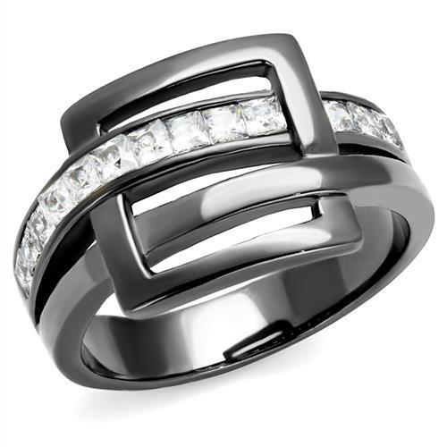 Women Stainless Steel Cubic Zirconia Ring TK2690 with light black finish and clear cubic zirconia stones.