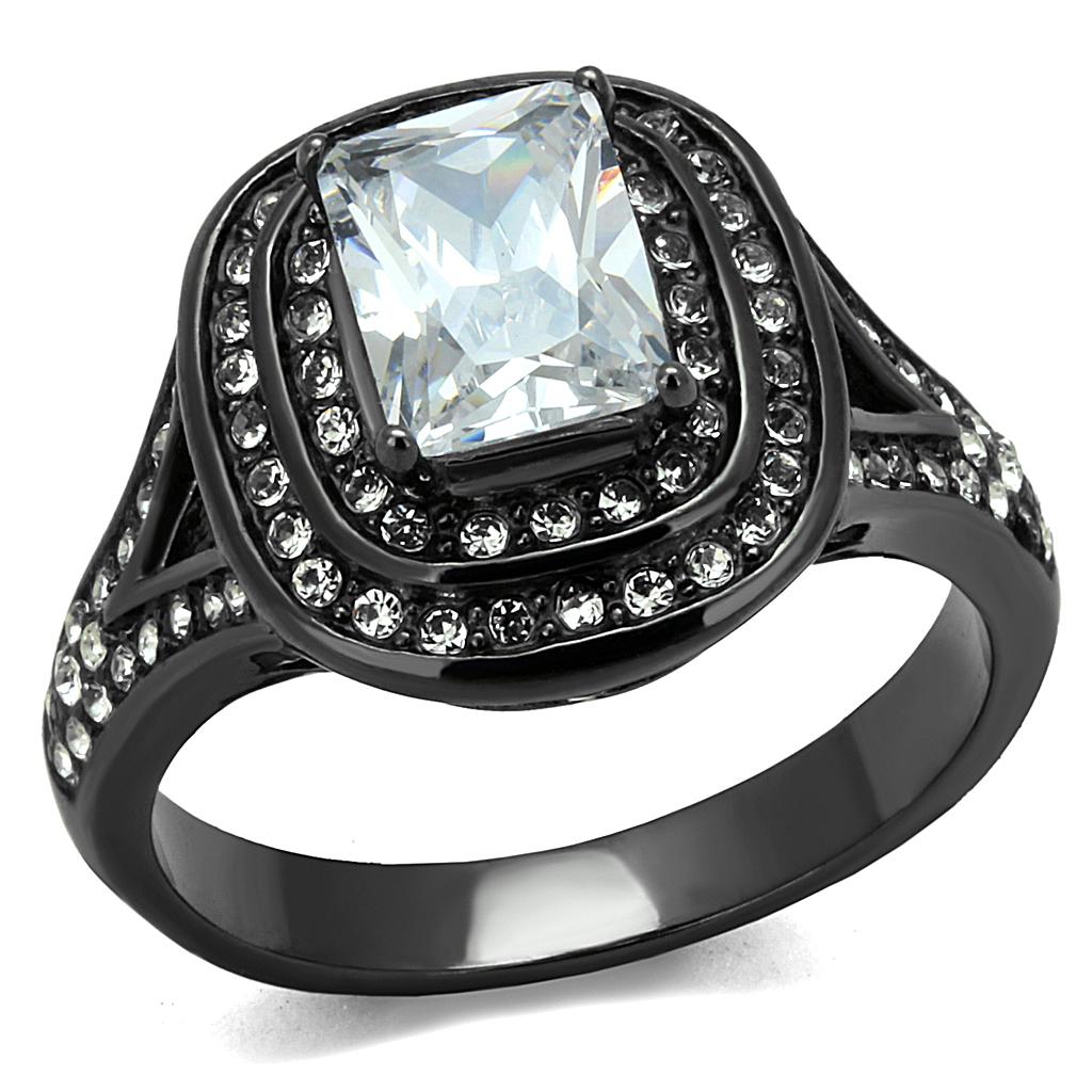 Women Stainless Steel Cubic Zirconia Ring TK2731 featuring a light black finish and clear cubic zirconia stones, showcasing elegance and durability.