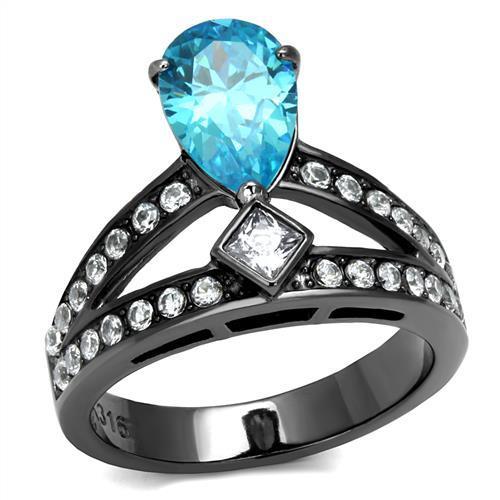 Women Stainless Steel Cubic Zirconia Ring TK2775 featuring a sea blue stone and IP light black finish.