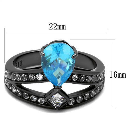 Women Stainless Steel Cubic Zirconia Ring TK2775 featuring a sea blue stone and IP light black finish.