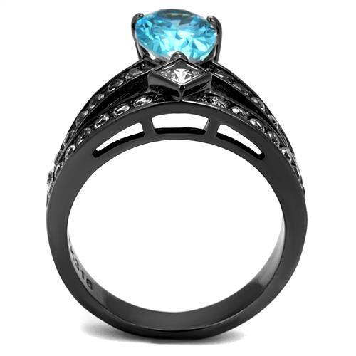 Women Stainless Steel Cubic Zirconia Ring TK2775 featuring a sea blue stone and IP light black finish.