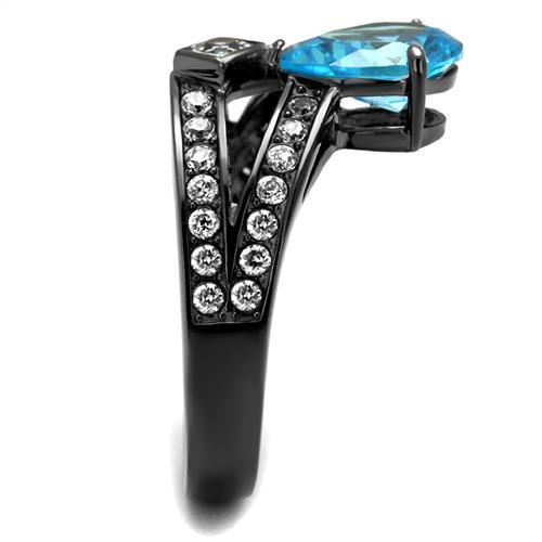 Women Stainless Steel Cubic Zirconia Ring TK2775 featuring a sea blue stone and IP light black finish.