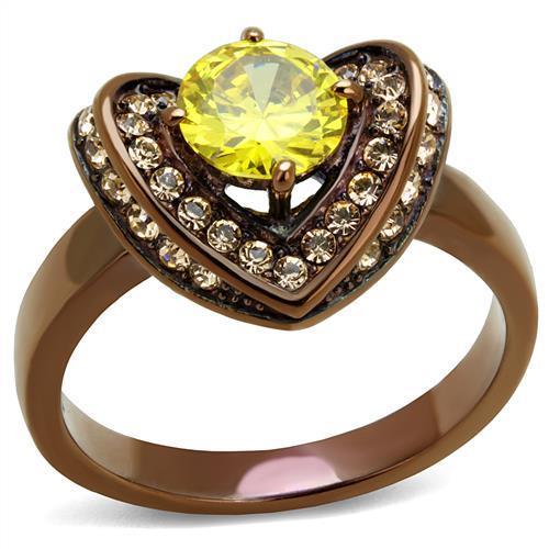 Elegant Women Stainless Steel Ring with Cubic Zirconia in IP Coffee light finish, featuring a round topaz stone.