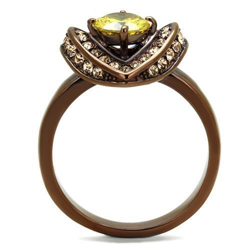 Elegant Women Stainless Steel Ring with Cubic Zirconia in IP Coffee light finish, featuring a round topaz stone.