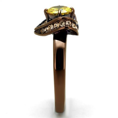 Elegant Women Stainless Steel Ring with Cubic Zirconia in IP Coffee light finish, featuring a round topaz stone.