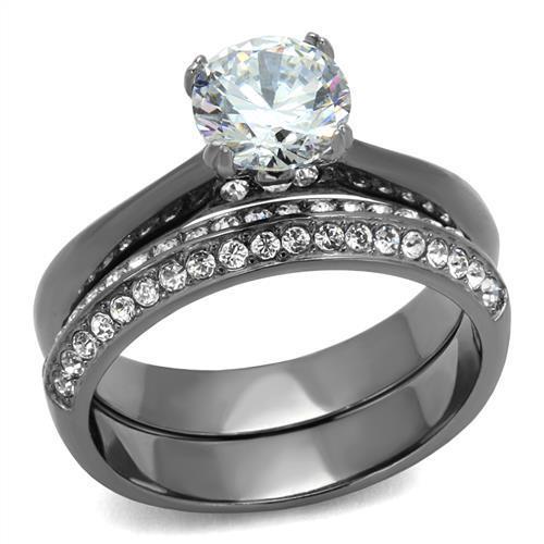 Elegant Women Stainless Steel Ring with Cubic Zirconia, featuring a light black finish and clear round stones.