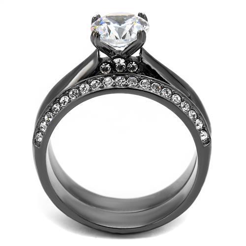 Elegant Women Stainless Steel Ring with Cubic Zirconia, featuring a light black finish and clear round stones.