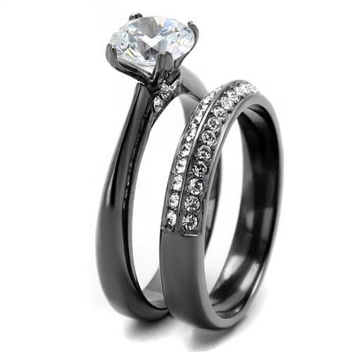 Elegant Women Stainless Steel Ring with Cubic Zirconia, featuring a light black finish and clear round stones.