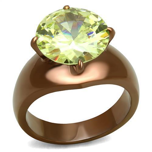 Women Stainless Steel Ring with Apple Green Cubic Zirconia, Round Design, IP Coffee Light Finish