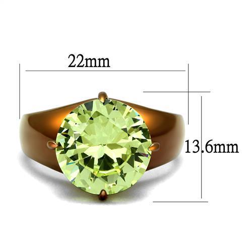 Women Stainless Steel Ring with Apple Green Cubic Zirconia, Round Design, IP Coffee Light Finish