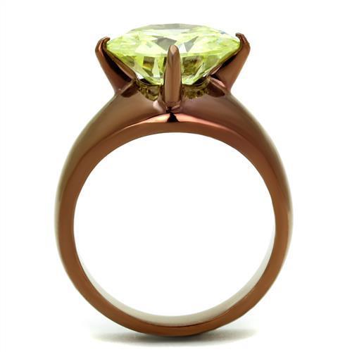 Women Stainless Steel Ring with Apple Green Cubic Zirconia, Round Design, IP Coffee Light Finish