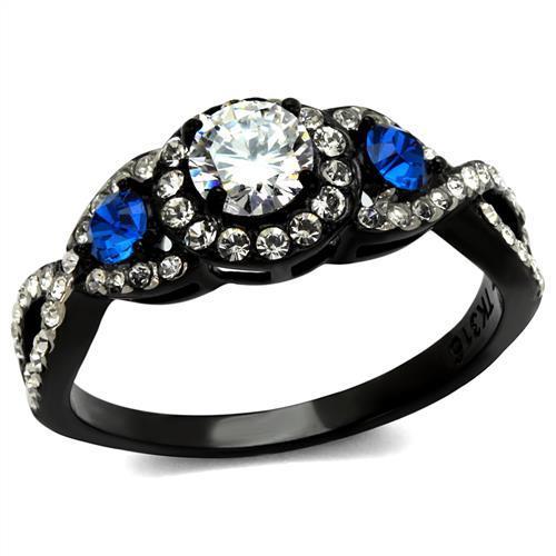 Women Stainless Steel Cubic Zirconia Ring TK2286 featuring a two-tone black and silver design with clear cubic zirconia stones.