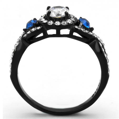 Women Stainless Steel Cubic Zirconia Ring TK2286 featuring a two-tone black and silver design with clear cubic zirconia stones.