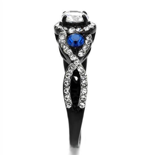 Women Stainless Steel Cubic Zirconia Ring TK2286 featuring a two-tone black and silver design with clear cubic zirconia stones.