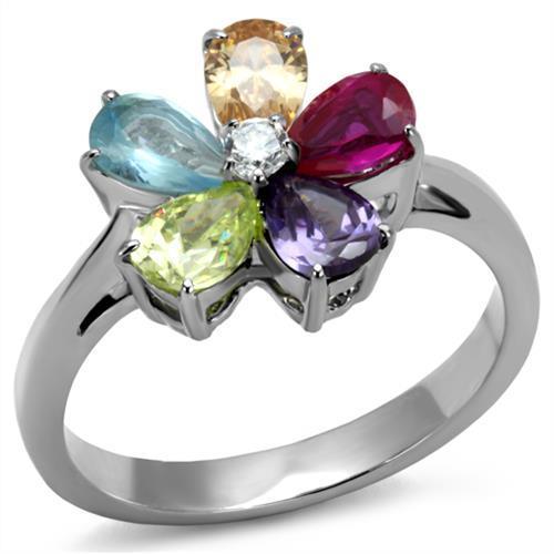 Elegant Women Stainless Steel Ring with Multi-Color Cubic Zirconia Stones, showcasing a high-polished finish.