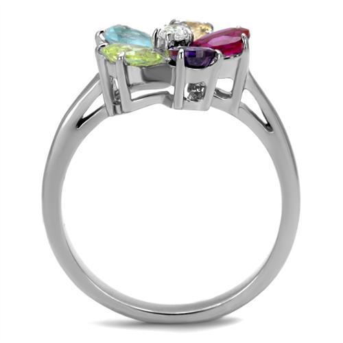 Elegant Women Stainless Steel Ring with Multi-Color Cubic Zirconia Stones, showcasing a high-polished finish.