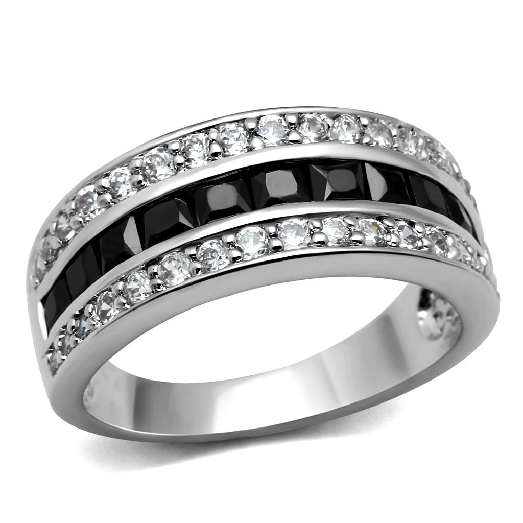 Elegant Women Stainless Steel Ring with Cubic Zirconia and Black Diamond accents, showcasing a high polished finish.