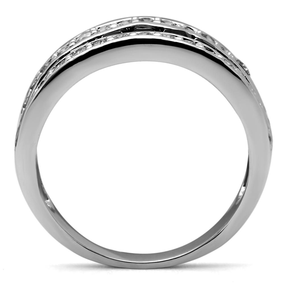 Elegant Women Stainless Steel Ring with Cubic Zirconia and Black Diamond accents, showcasing a high polished finish.