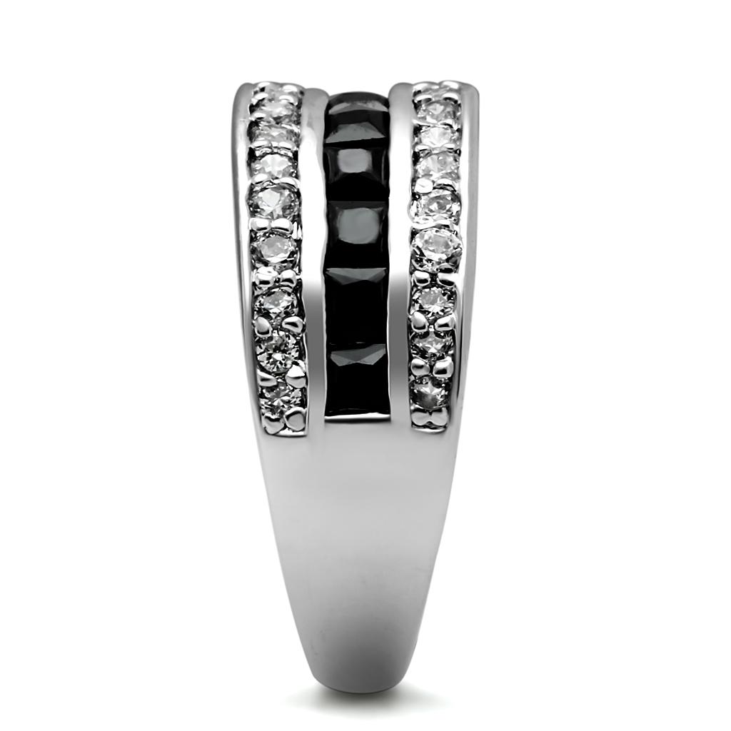 Elegant Women Stainless Steel Ring with Cubic Zirconia and Black Diamond accents, showcasing a high polished finish.