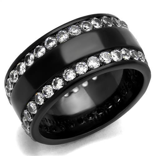 Women Stainless Steel Cubic Zirconia Ring TK2290 featuring IP black ion plating and clear cubic zirconia stones, showcasing elegance and durability.