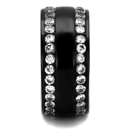 Women Stainless Steel Cubic Zirconia Ring TK2290 featuring IP black ion plating and clear cubic zirconia stones, showcasing elegance and durability.