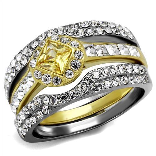 Elegant Women Stainless Steel Cubic Zirconia Ring with two-tone IP gold and topaz accents, showcasing its sparkling design.