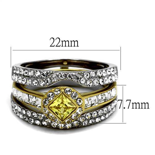 Elegant Women Stainless Steel Cubic Zirconia Ring with two-tone IP gold and topaz accents, showcasing its sparkling design.