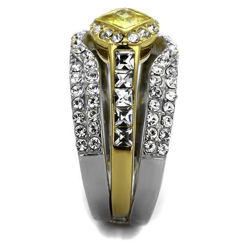 Elegant Women Stainless Steel Cubic Zirconia Ring with two-tone IP gold and topaz accents, showcasing its sparkling design.