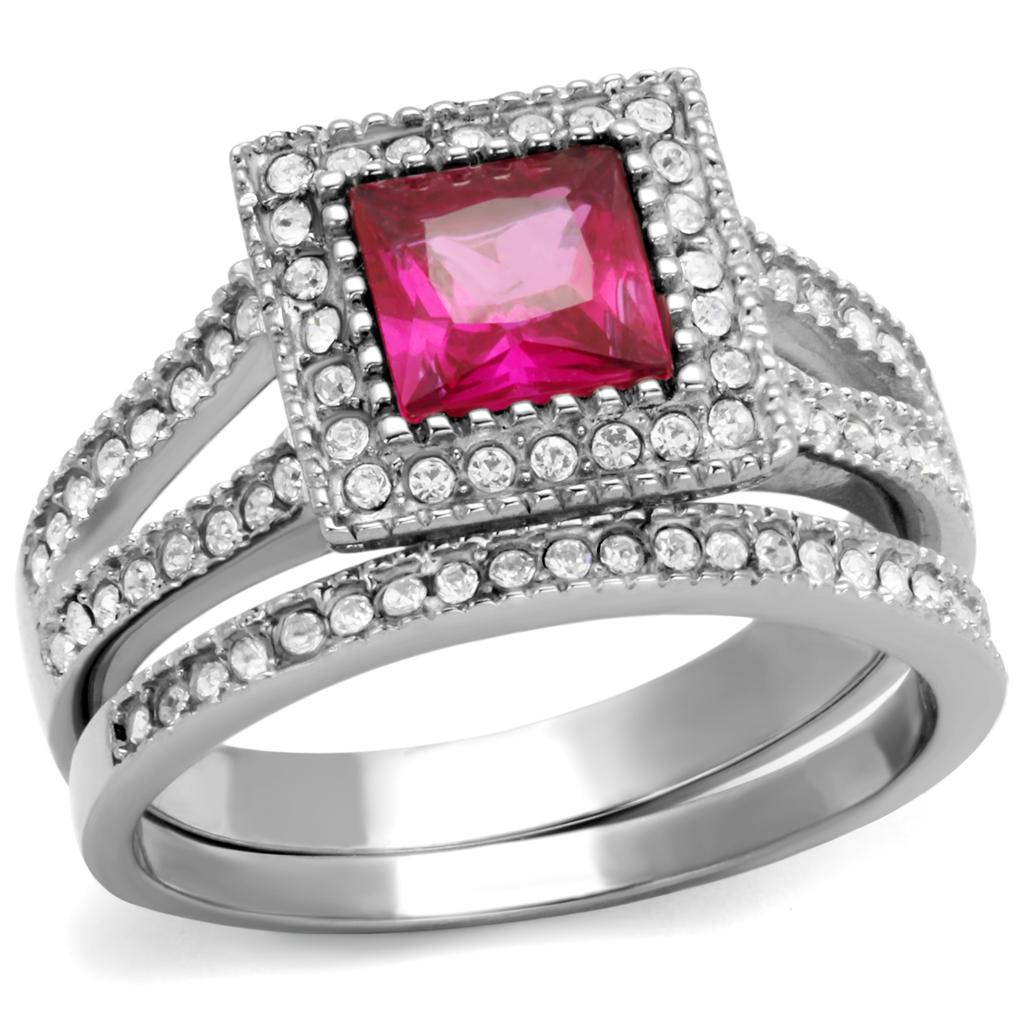 Elegant Women Stainless Steel Ring with Cubic Zirconia and Ruby accent, showcasing a high polished finish.