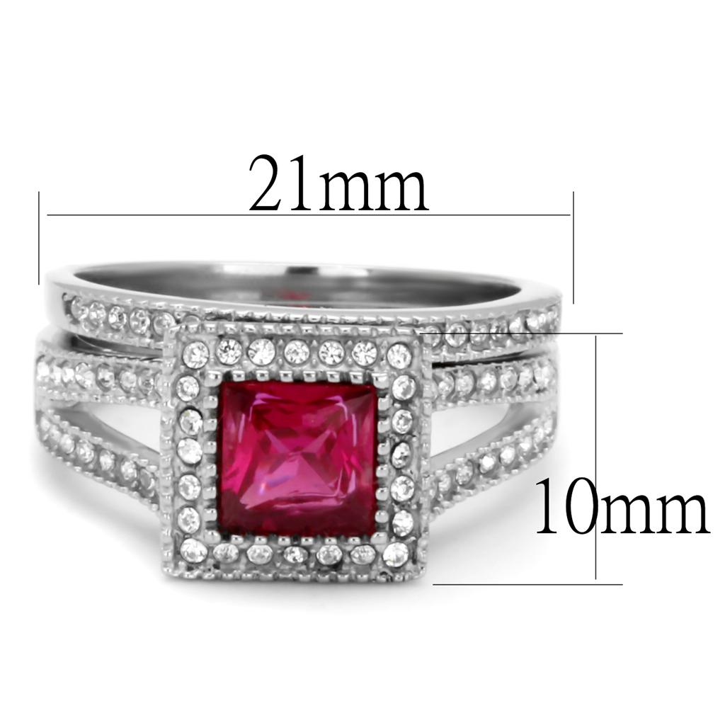 Elegant Women Stainless Steel Ring with Cubic Zirconia and Ruby accent, showcasing a high polished finish.