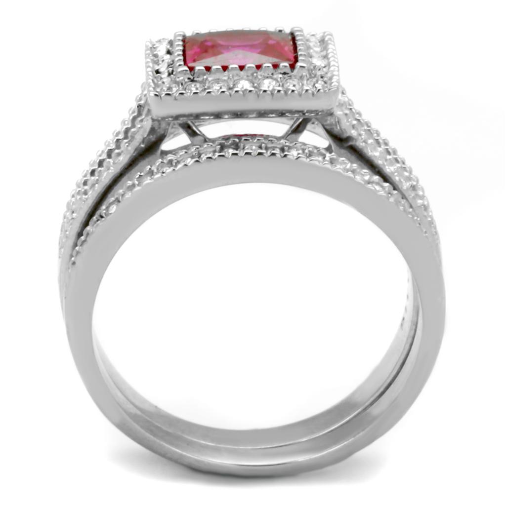 Elegant Women Stainless Steel Ring with Cubic Zirconia and Ruby accent, showcasing a high polished finish.