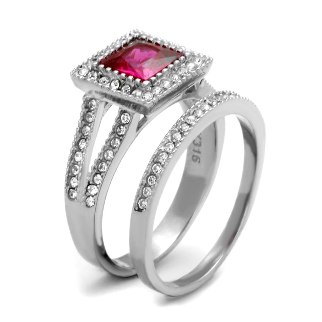 Elegant Women Stainless Steel Ring with Cubic Zirconia and Ruby accent, showcasing a high polished finish.