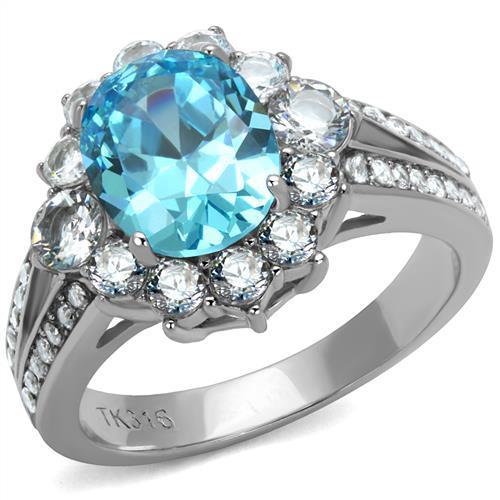 Elegant women’s stainless steel ring featuring a sea blue cubic zirconia, high polished finish, perfect for any occasion.