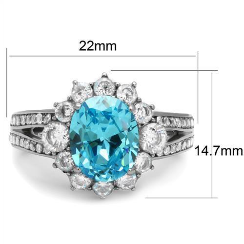 Elegant women’s stainless steel ring featuring a sea blue cubic zirconia, high polished finish, perfect for any occasion.