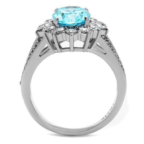 Elegant women’s stainless steel ring featuring a sea blue cubic zirconia, high polished finish, perfect for any occasion.