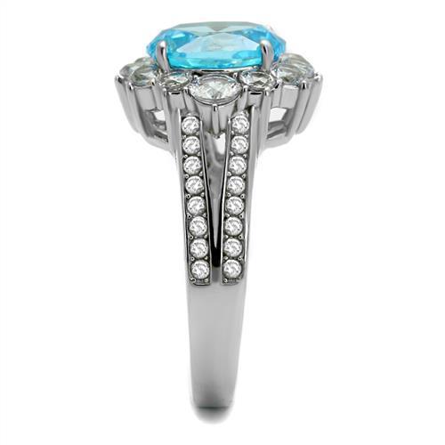 Elegant women’s stainless steel ring featuring a sea blue cubic zirconia, high polished finish, perfect for any occasion.