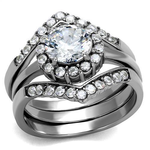 A beautiful women's stainless steel ring featuring clear cubic zirconia stones, showcasing a high polished finish.