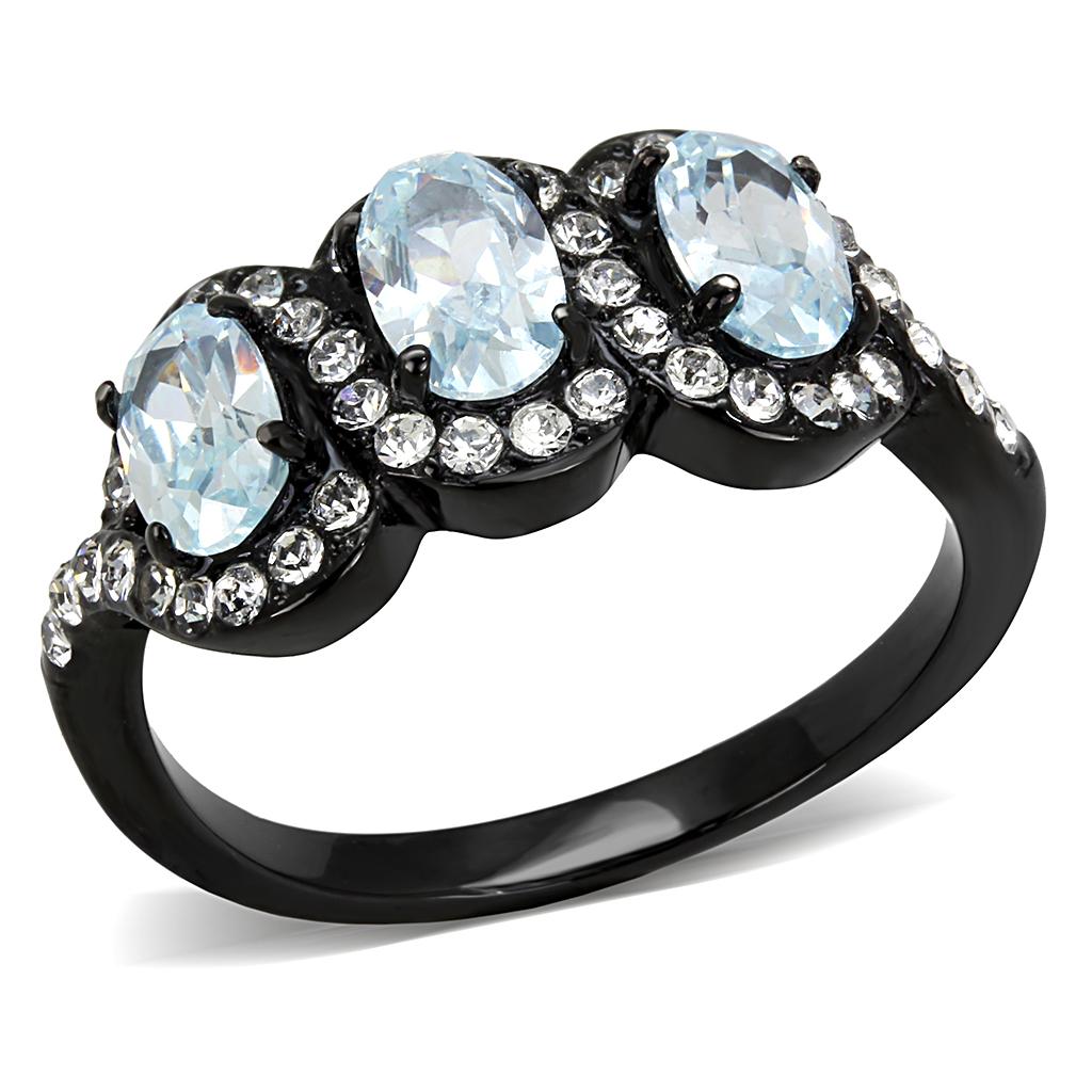 Women Stainless Steel Cubic Zirconia Ring with sea blue oval stone and black ion plating.